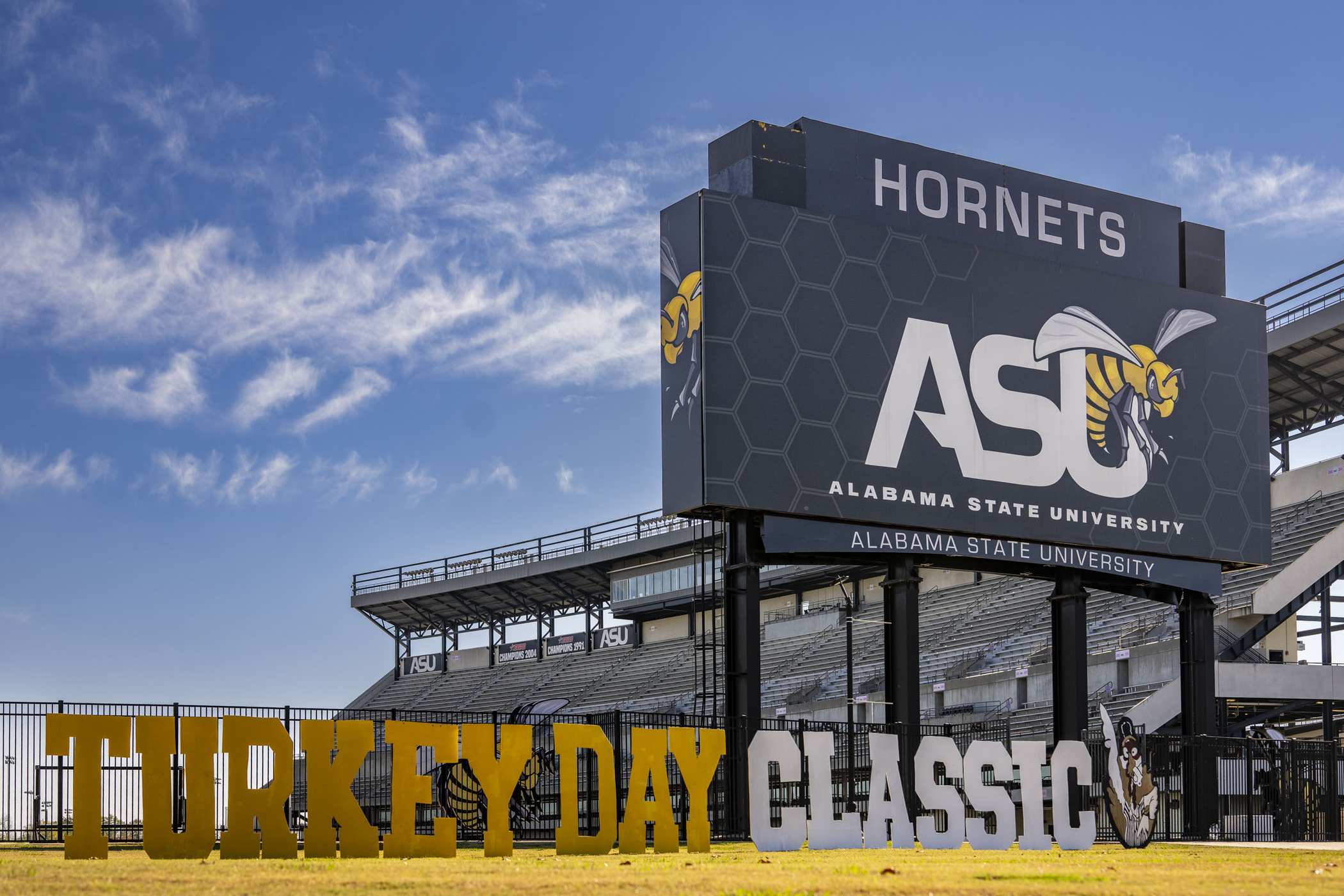 ASU football stadium with a sign displaying 'Turkey Day Classic' 